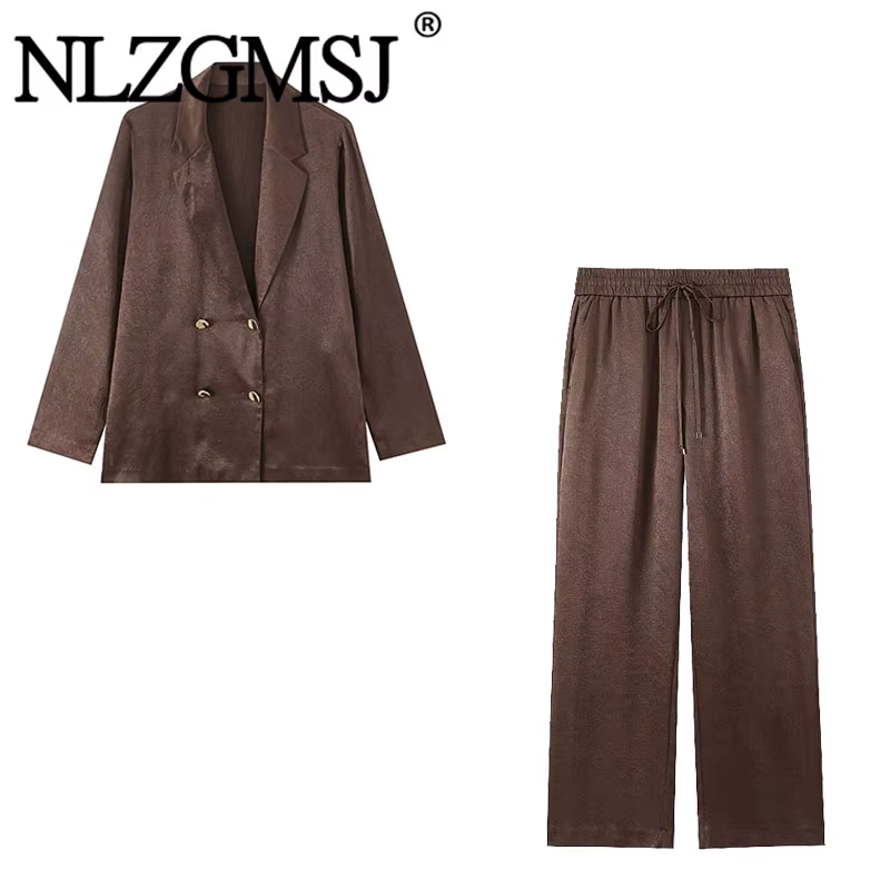 NLZGMSJ Nouveauté Printemps 2026 – Ensembles Femme : Pantalon Large Effet Froissé et Veste de Bureau