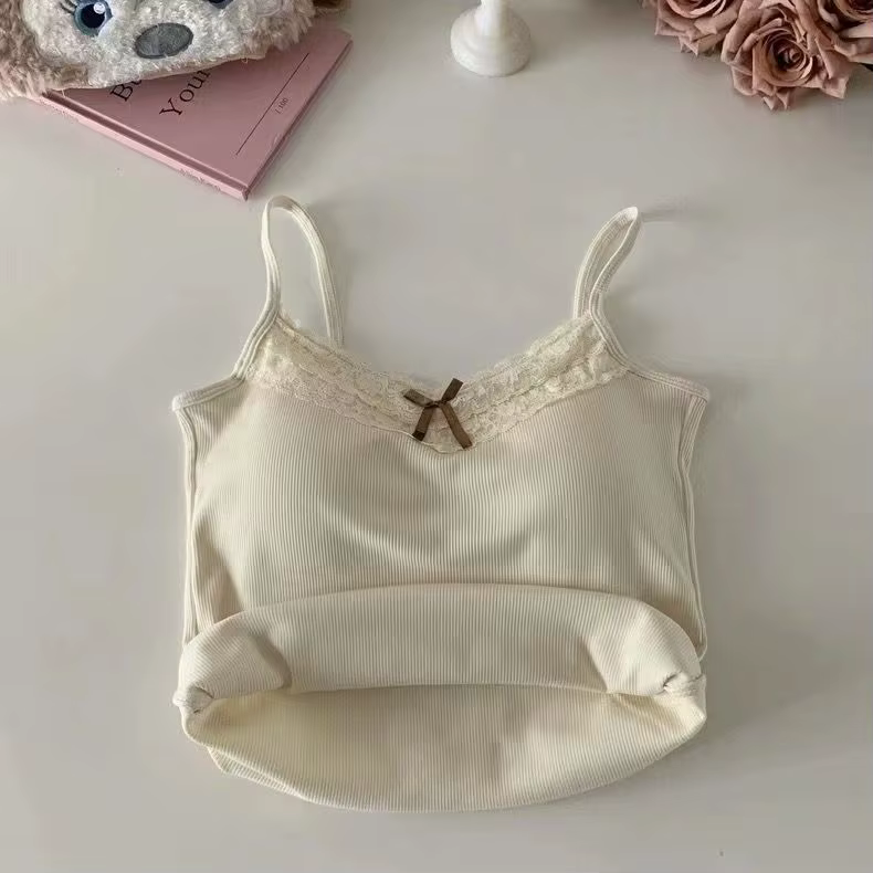 Femmes Camisole débardeurs Sexy nœud sans manches haut Corset avec coussin de poitrine doux dentelle