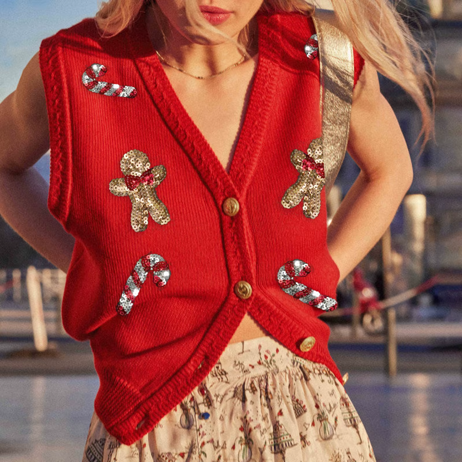 Femmes pull de noël gilets imprimé père noël sans manches tricot Cardigan gilet vacances de noël déb
