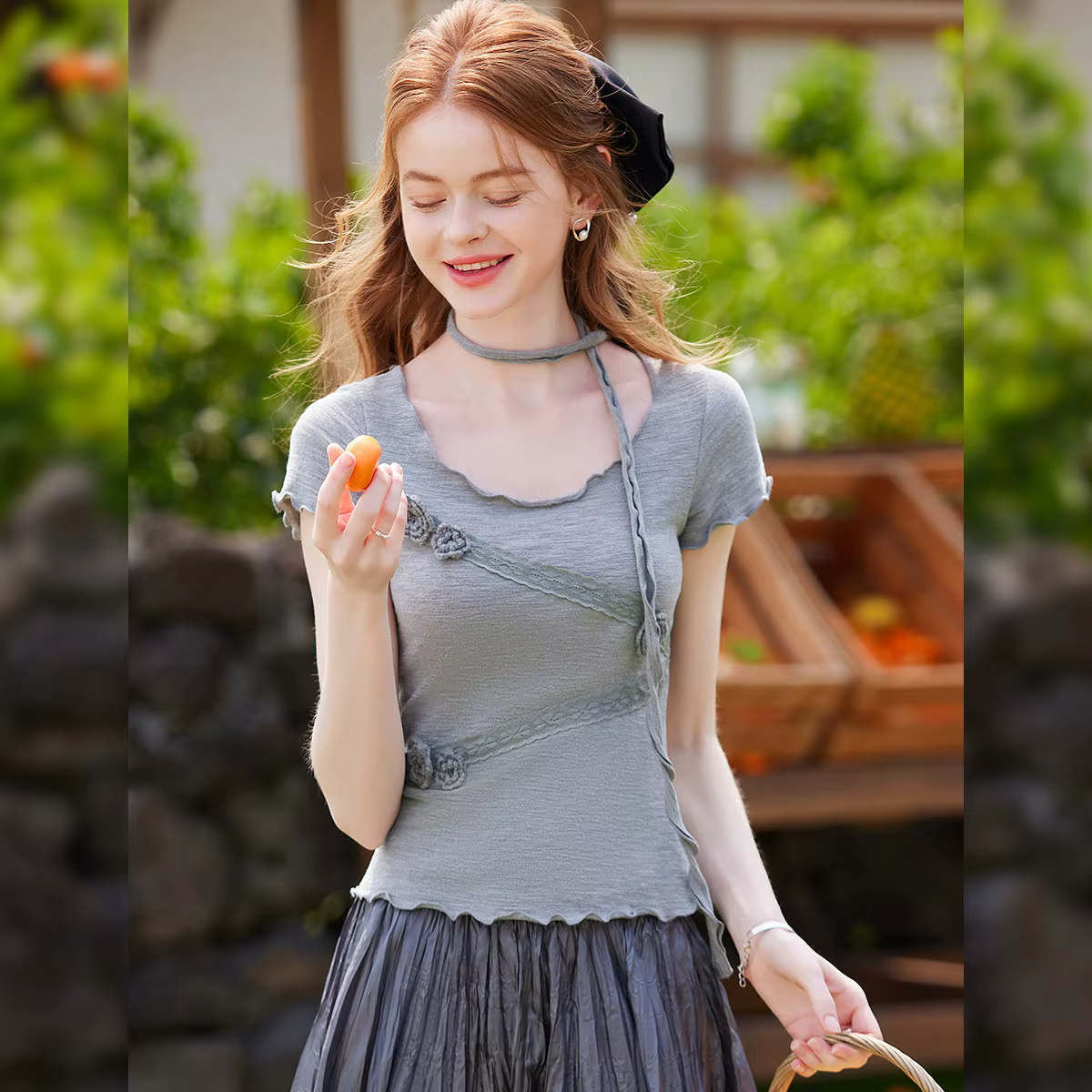 LOUIS YAO T-shirt femme 2025 mode d'été 3D fleur décoration dentelle épissage manches courtes Micro 