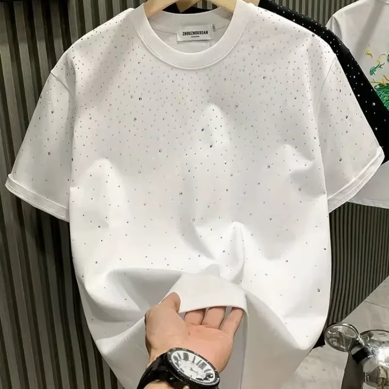 Nouveau luxe hommes T-shirt diamant chaud imprimé demi manches mode col rond décontracté été haut de