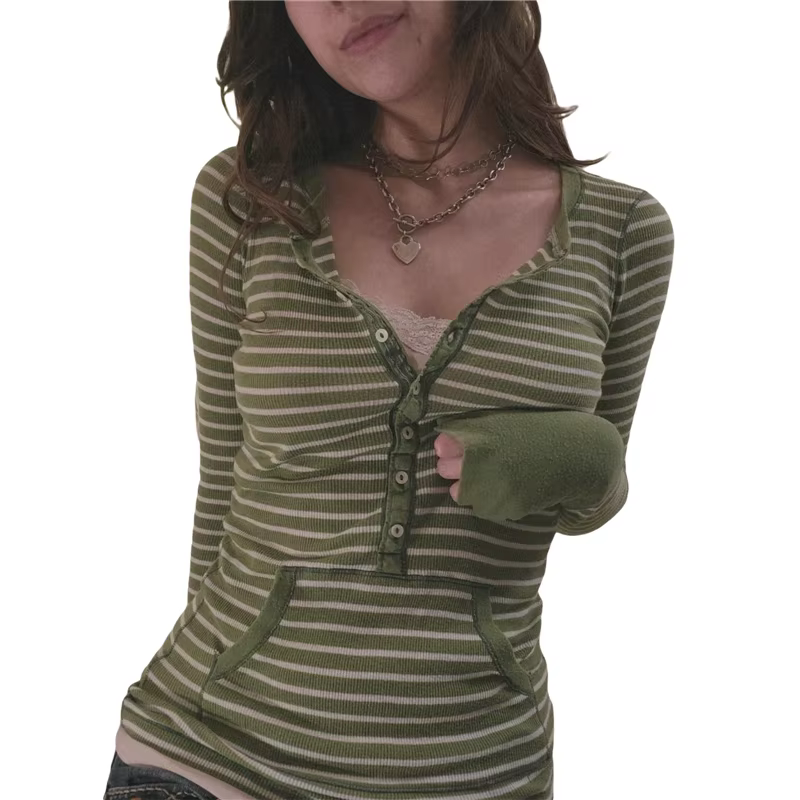 T-shirt à rayures pour femmes, col en V, manches longues, avec poche, y2k, vêtements féeriques Grung