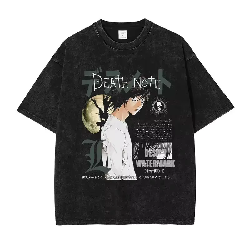 T-shirt imprimé Anime Death Note L, style vintage délavé, motif manga, streetwear Harajuku, coton, c