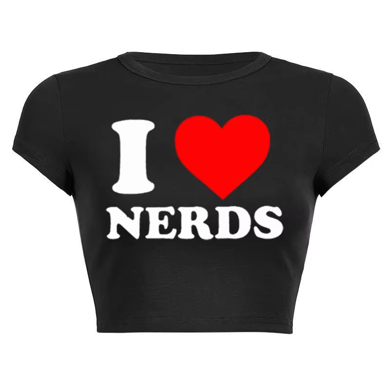 T-Shirt à la Mode pour Femme, avec Lettres Imprimées I Love Nerds, Rouge, Cœur d'Amour, Y-Harajuku,
