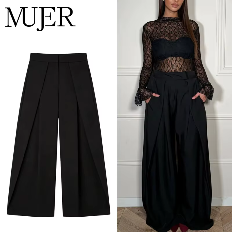 Pantalon Baggy Noir Plissé à Jambes Larges Rayé Décontracté Taille Haute pour Femme Printemps