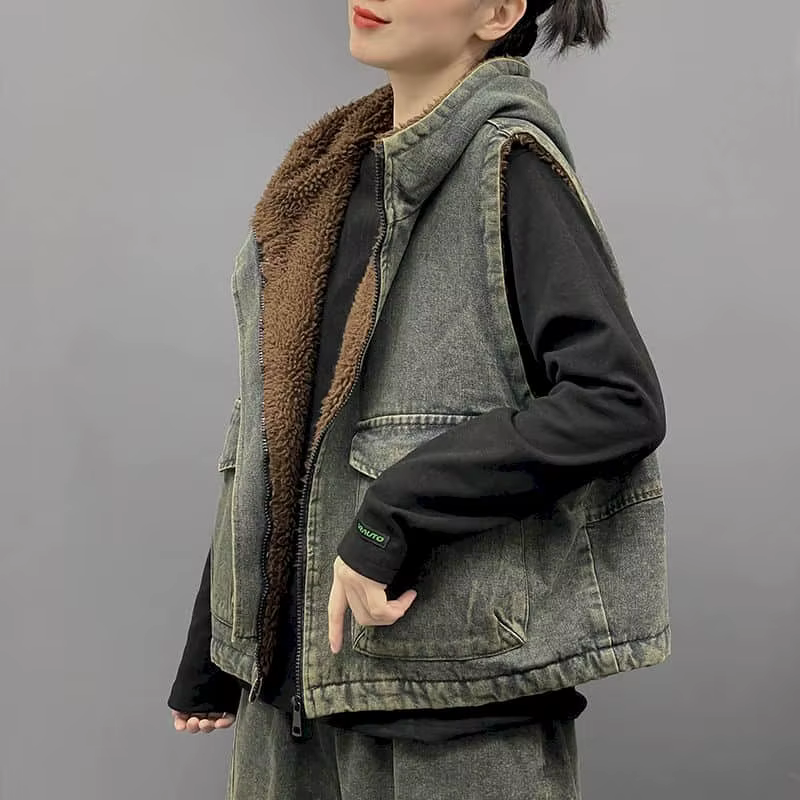 Gilets en Denim pour Femme, à Capuche, Style Coréen, Décontracté