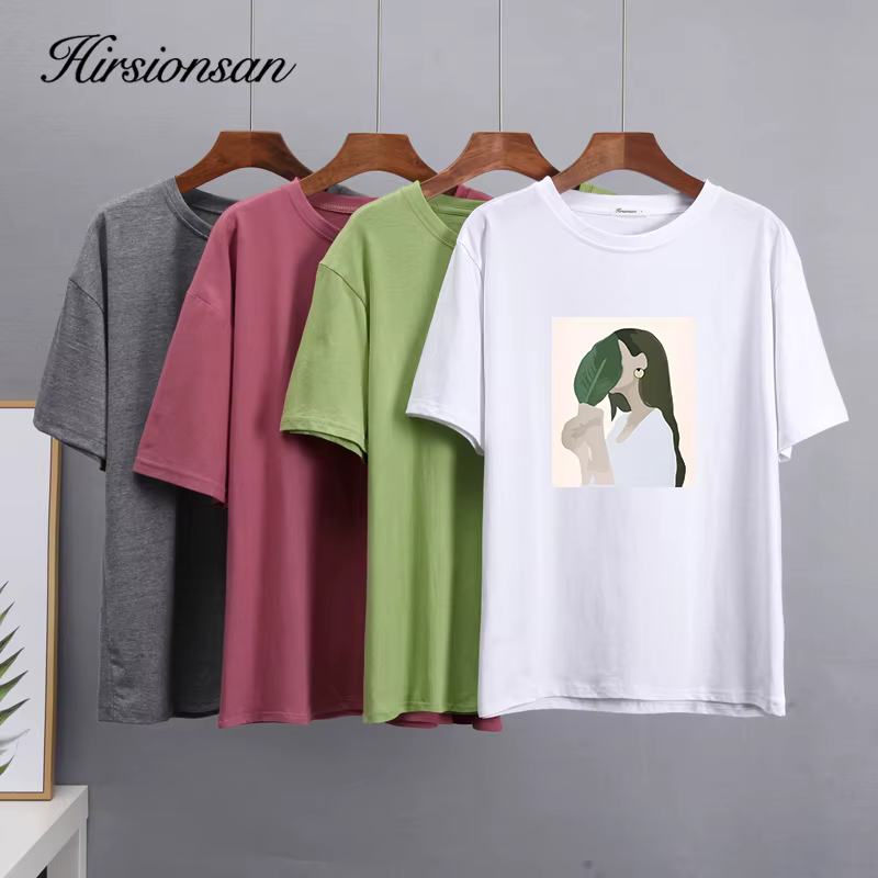 Hirsionsan – t-shirt imprimé pour femmes, 2023 coton, ample, décontracté, Chic, estival, 100%