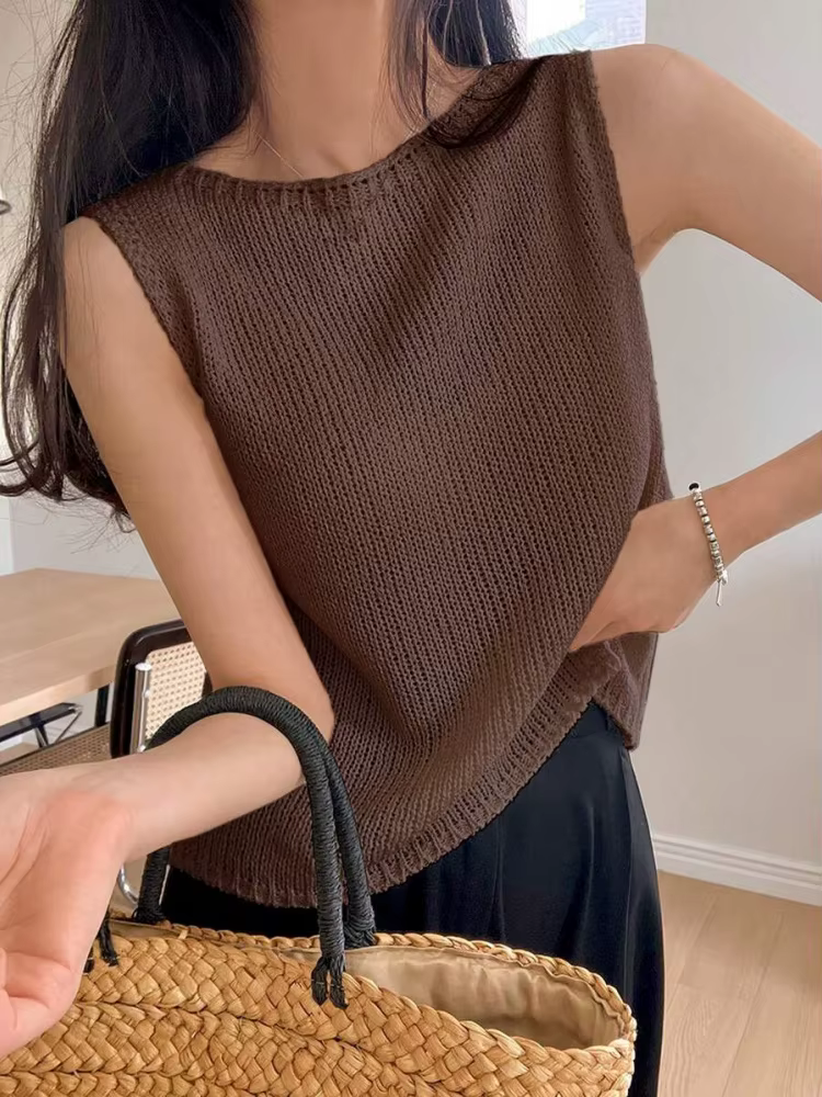 Pull sans manches à col rond pour femme, couleur unie, tricot ample, élégant, confortable, respirant