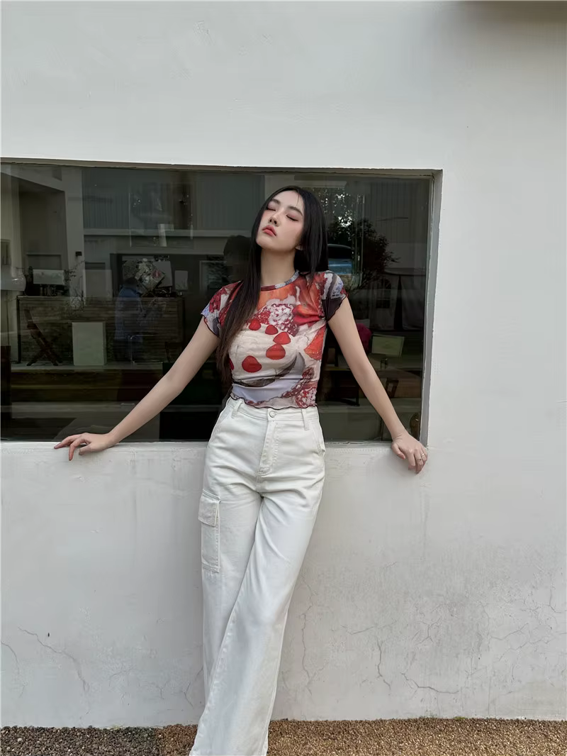 Contest ERART-T-shirt graphique de fruits pour femmes, haut court en maille à volants, t-shirts tran