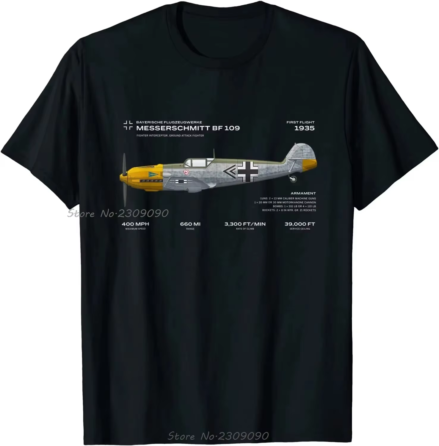 T-shirt surdimensionné imprimé Messerschmitt Bf 109 Fighter, haut d'été unisexe en pur coton à manch