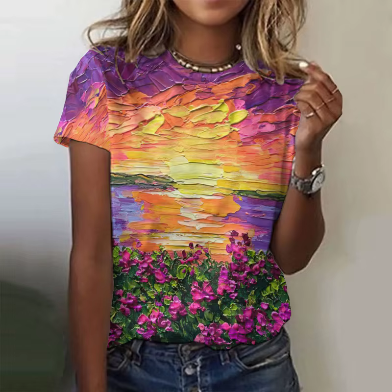 Arbres fleurs motif t-shirt pour femmes océan soleil 3D imprimé manches courtes T-Shirts été décontr