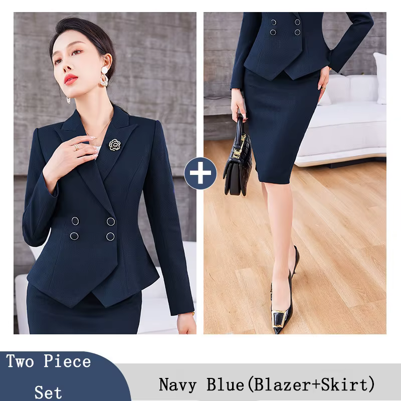 Costumes bleu marine pour femmes, ensemble Blazer et jupe Slim à manches longues, vêtements de trava