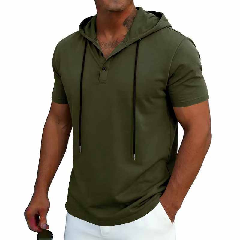 T-shirt à capuche confortable à manches courtes pour homme 2026 – Col Henley, cordon de serrage, déc