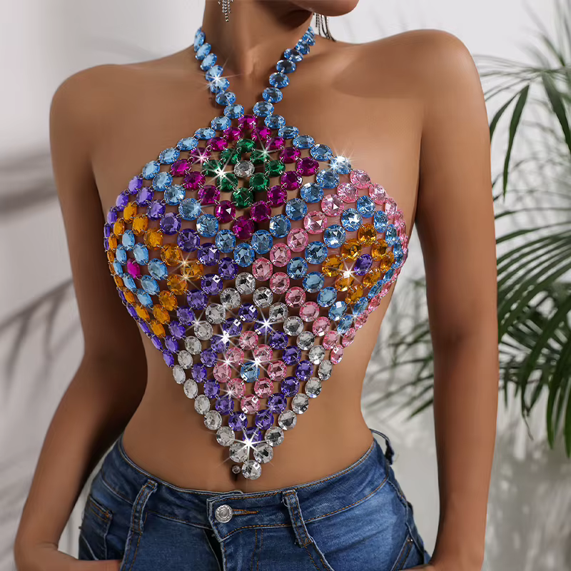 Nouvelle Arrivée 2026 – Top Court Sexy à Strass pour Festival de Musique d'Été, Dos Nu, Pierres Préc