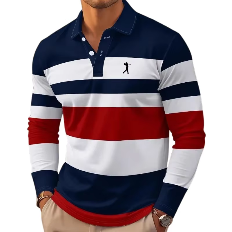 Polo de rugby rayé pour hommes, chemise à col à manches longues, décontracté, école, sports de plein