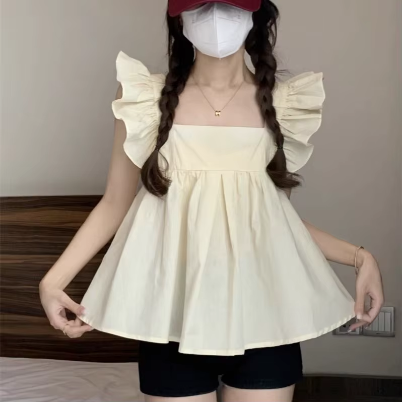Haut court à nœud papillon pour femme, sans manches, à volants, coupe ample, décontracté, pour l'été