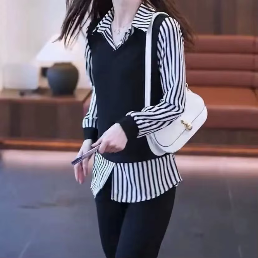 Chemise deux pièces à col POLO pour femmes, manches longues, rayé, Patchwork, faux deux pièces, Styl