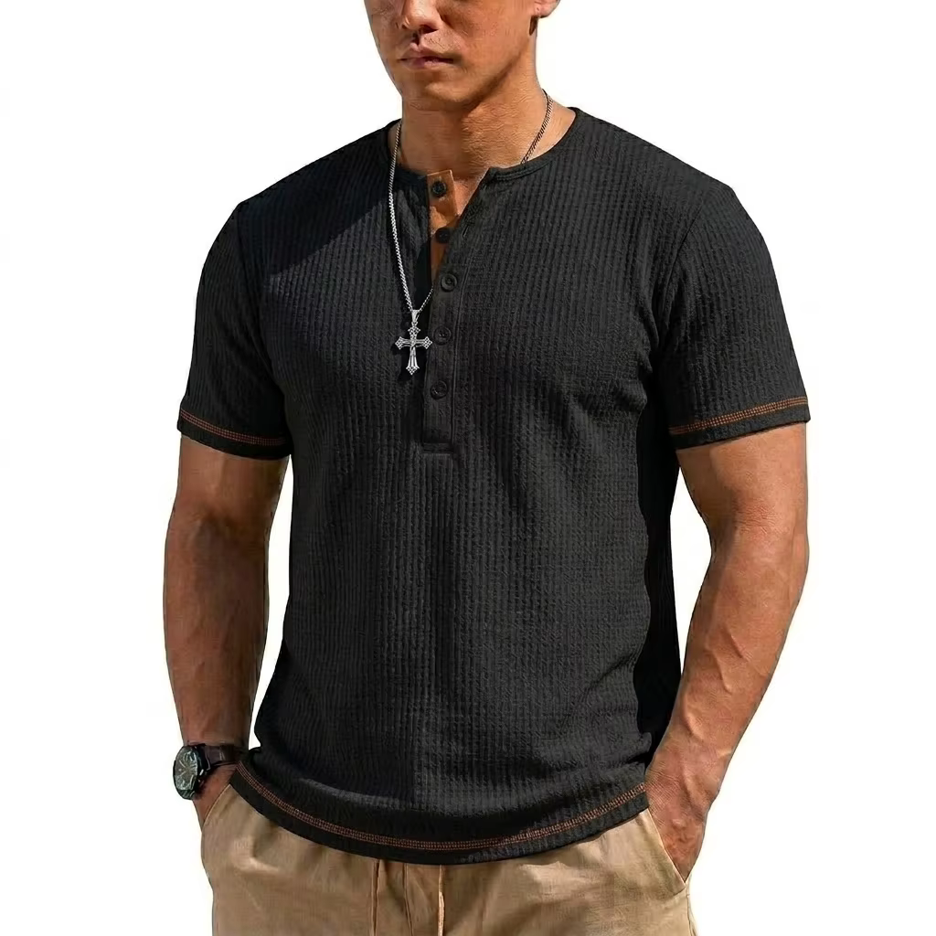 T-shirt Henley de luxe d'été à manches courtes pour homme, style décontracté hawaïen, à rayures, pou