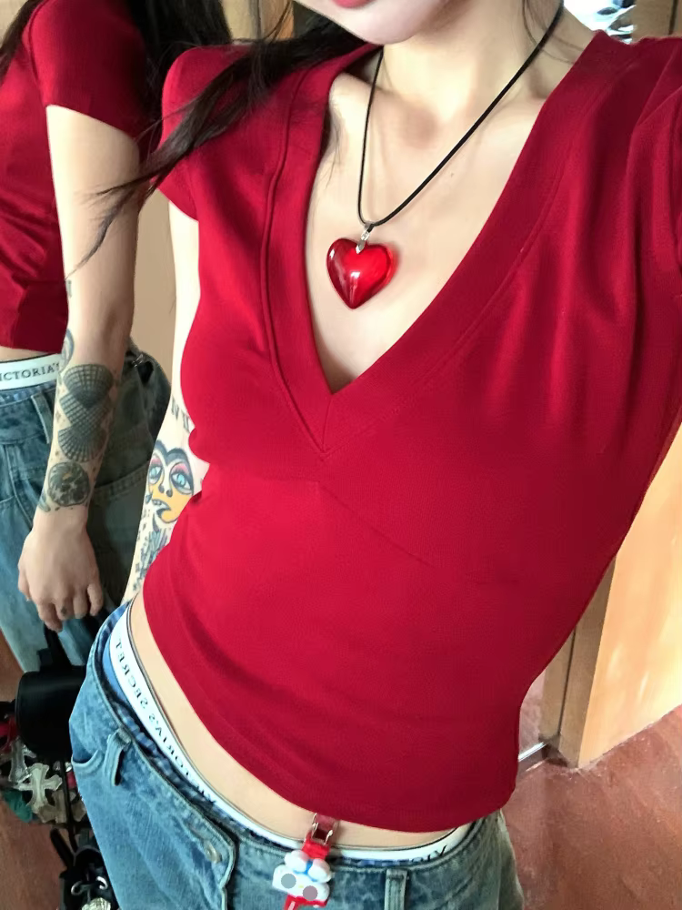 Col en v à manches courtes hauts décontracté femmes t-shirts noir été maigre Sexy solide basique hau