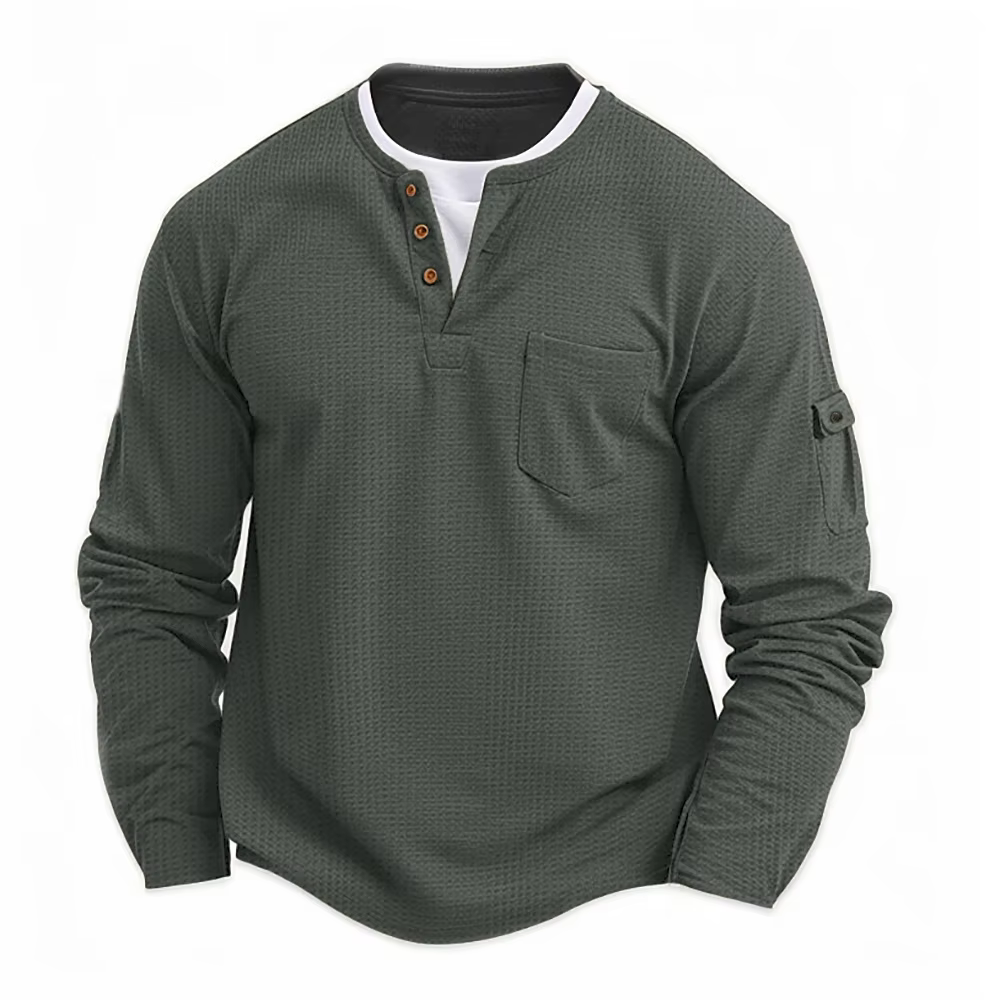T-shirt à manches longues pour homme, col Henley boutonné, couleur unie, style gaufré, effet deux-pi