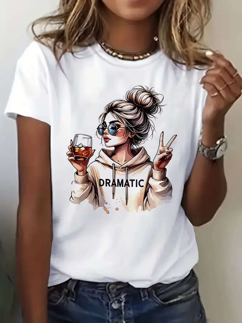 Streetwear années 90 femmes T-Shirt graphique décontracté "Dramatic" imprimé avec imprimé vin T-Shir