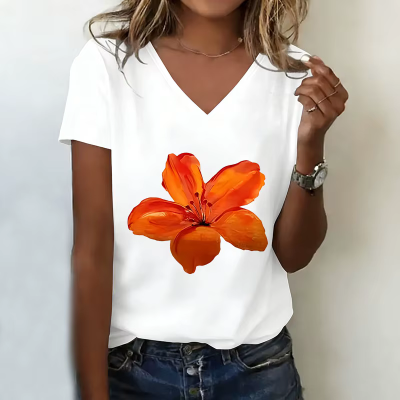 T-shirt à fleurs Retri, col en V, décontracté, imprimé floral, t-shirts pour femmes, manches courtes