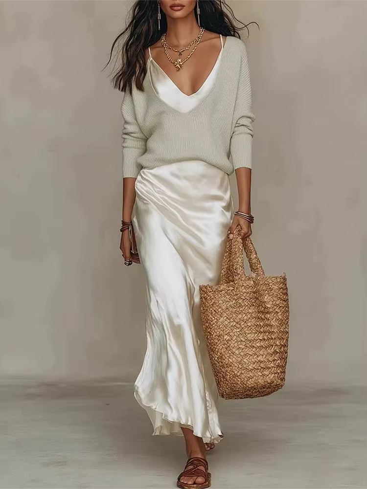 Robe en satin sans manches à col halter avec hauts tricotés, ensemble élégant pour femme, simple, po