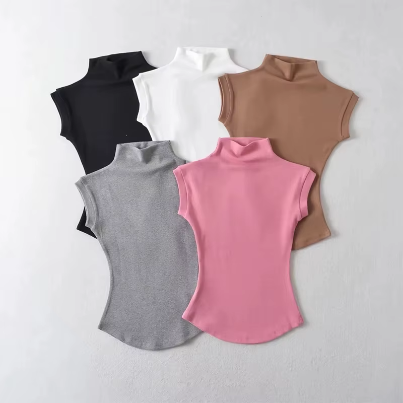 Femmes été Sexy col roulé sans manches T-Shirts hauts solide coupe ajustée pulls t-shirts décontract