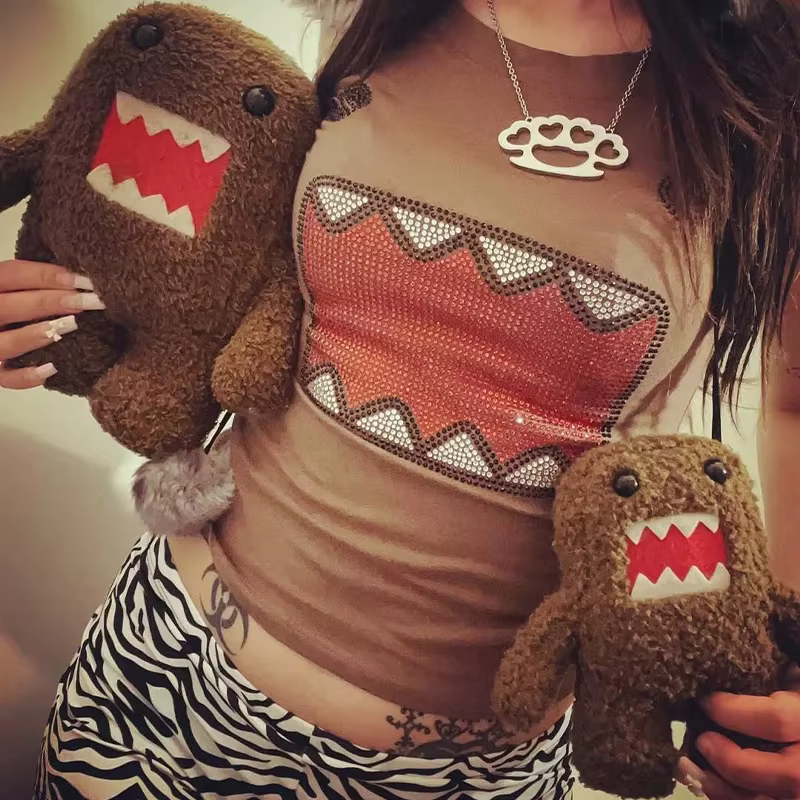 Été nouvelles femmes Y2K fille rétro chaud Fix strass Application col rond haut T-shirt drôle Vintag