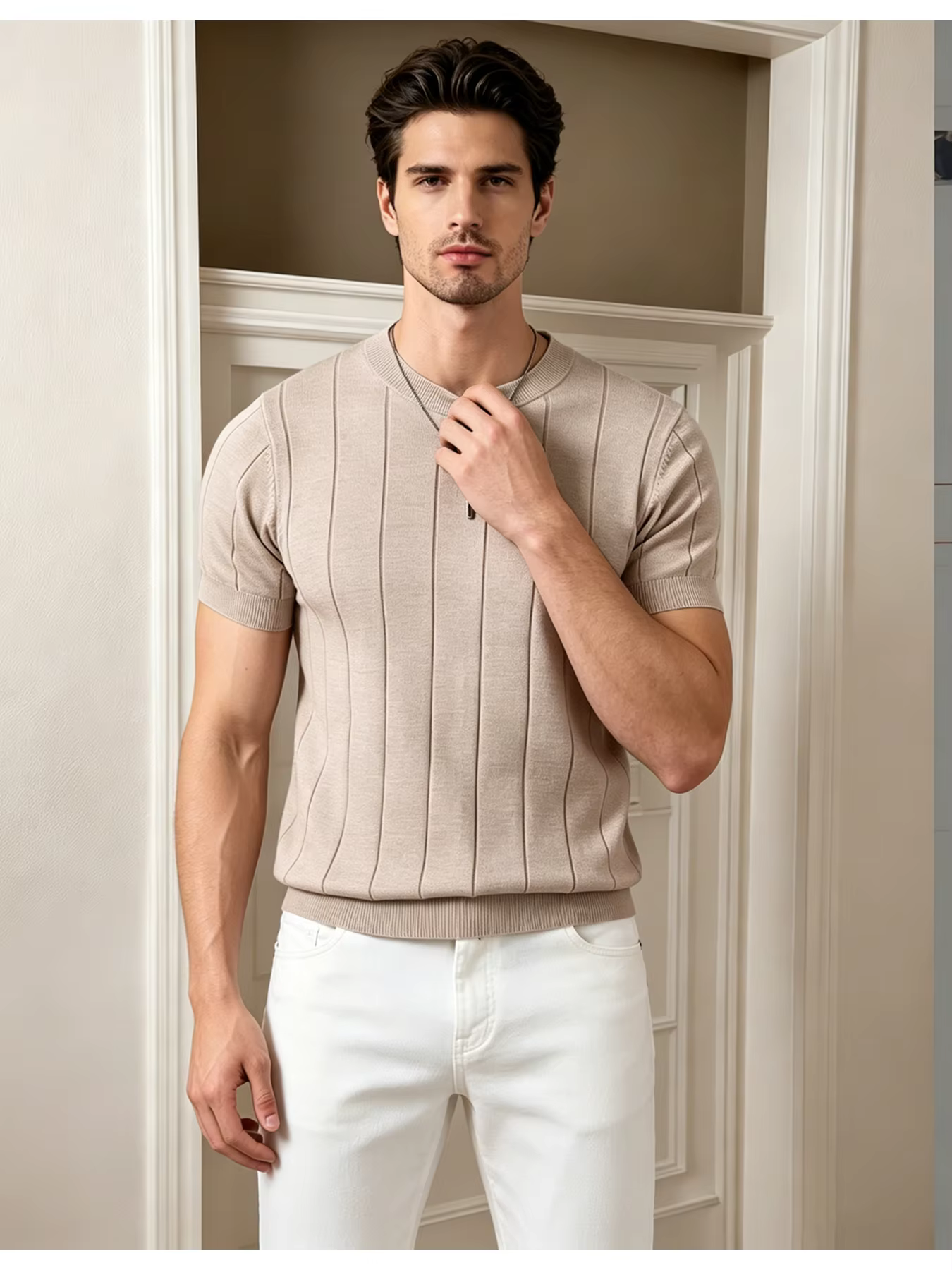 Polo à manches courtes en tricot côtelé pour homme |   T-shirt à col rond uni coupe ajustée |   Haut