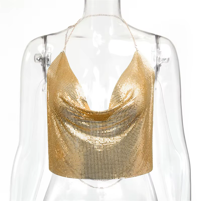 2026 Crop top femme en sequins métalliques scintillants, col licou, décolleté plongeant en V, dos nu
