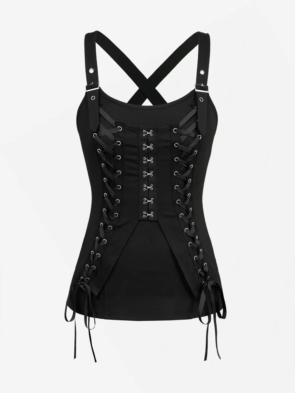 Débardeur Gothique Femme Noir à Lacets Croisés et Fermeture Crochet et Œillet – Nouvelle Collection 