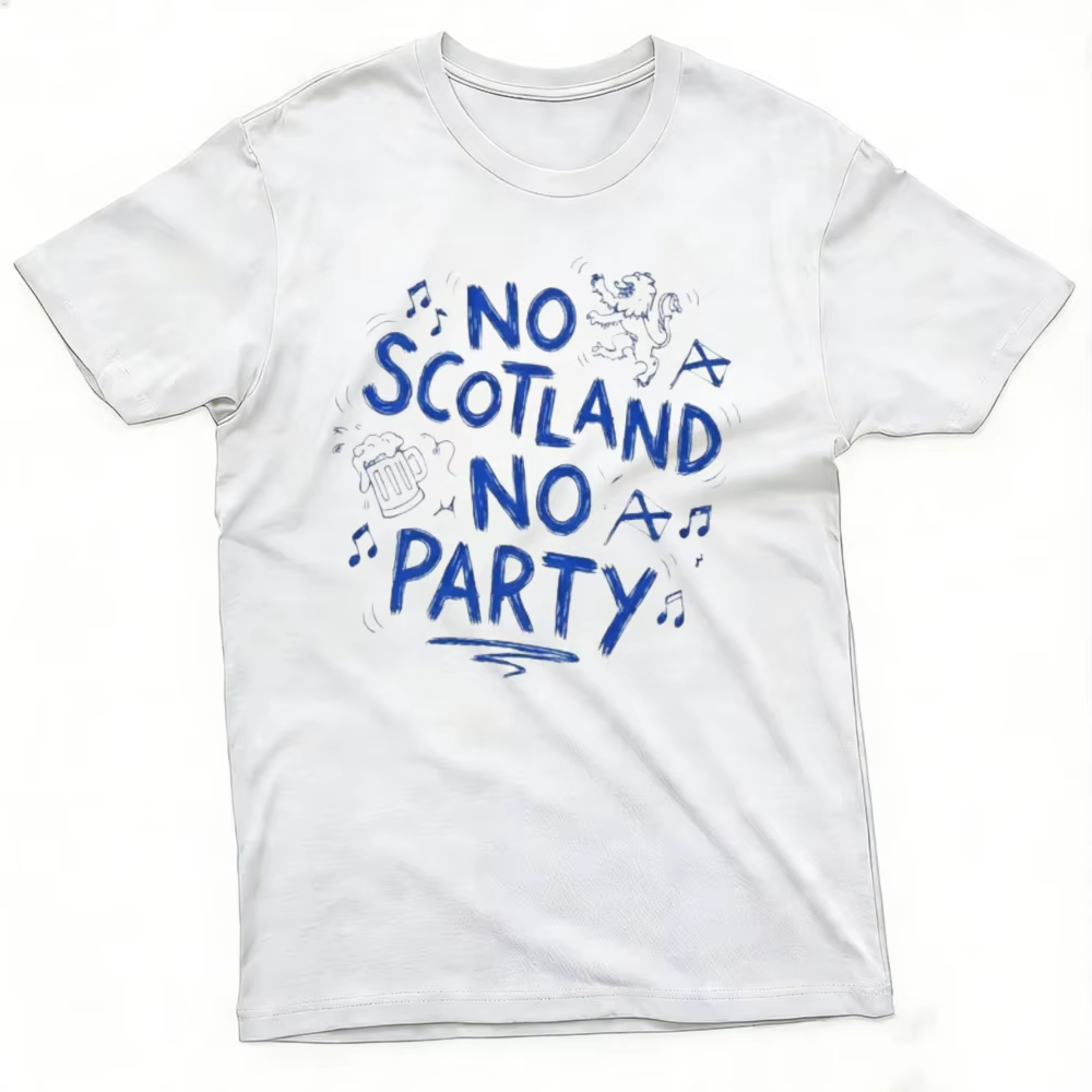 T-shirt graphique « No Scotland No Party » – Drapeau écossais, croquis, note de musique – Pour les f