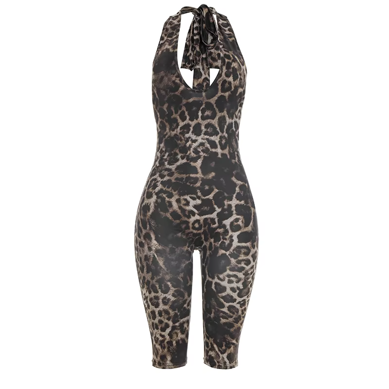 Kliou Combinaison Femme Imprimé Léopard, Style Bandage, Col Halter, Dos Nu, Sans Manches, Coupe Moul