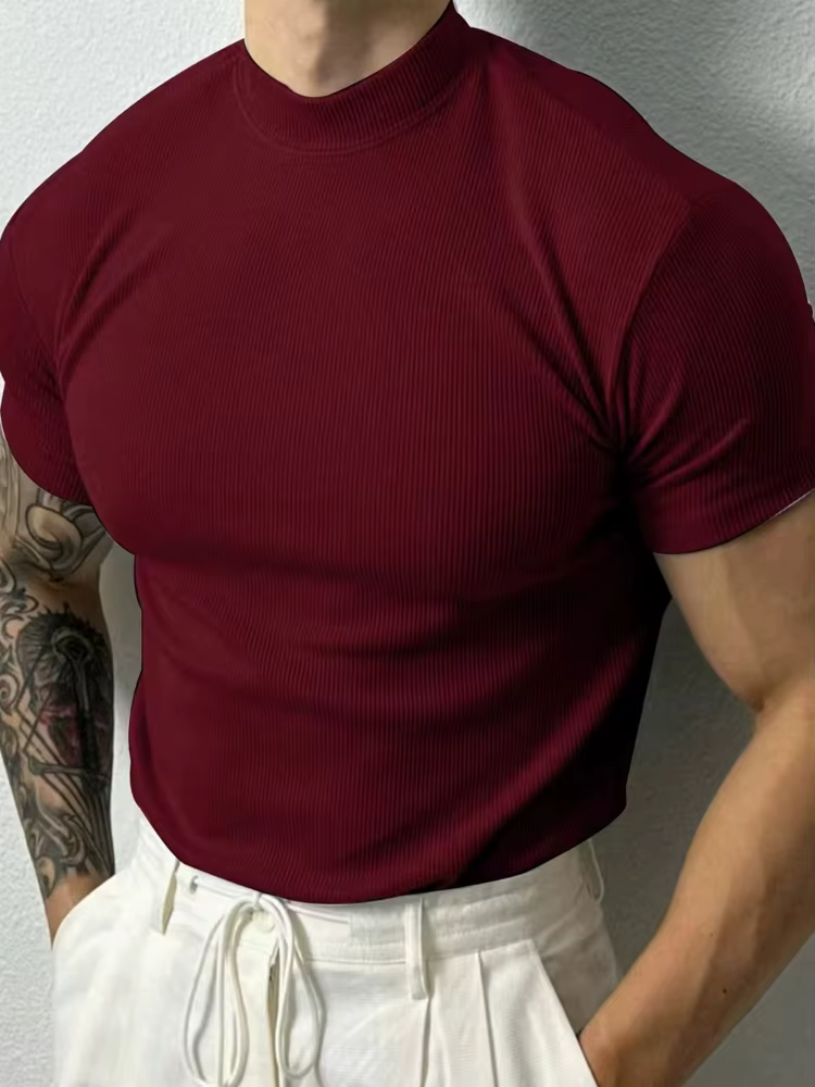 Printemps été mode hommes T-shirt petit col haut chemise à rayures à manches courtes haut de fitness