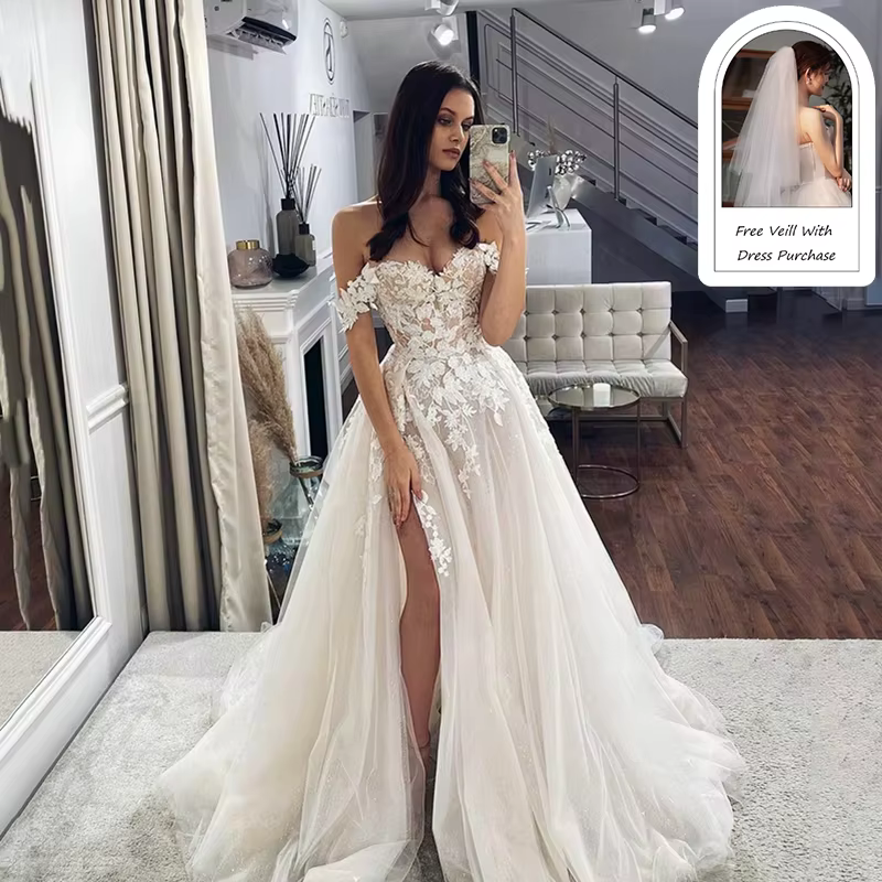 LORIE – robe de mariée en dentelle, épaules dénudées, col en cœur, avec des Appliques fendues sur le