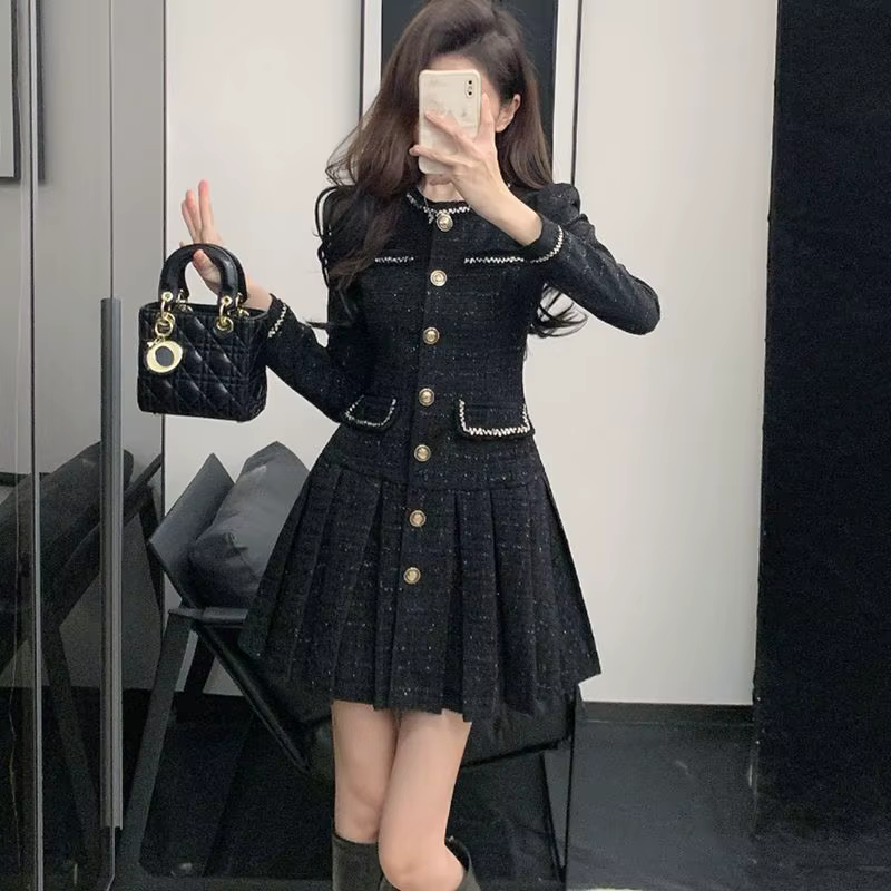 Robe noire élégante de Style Tweed français pour femmes, nouvelle collection printemps automne 2026,