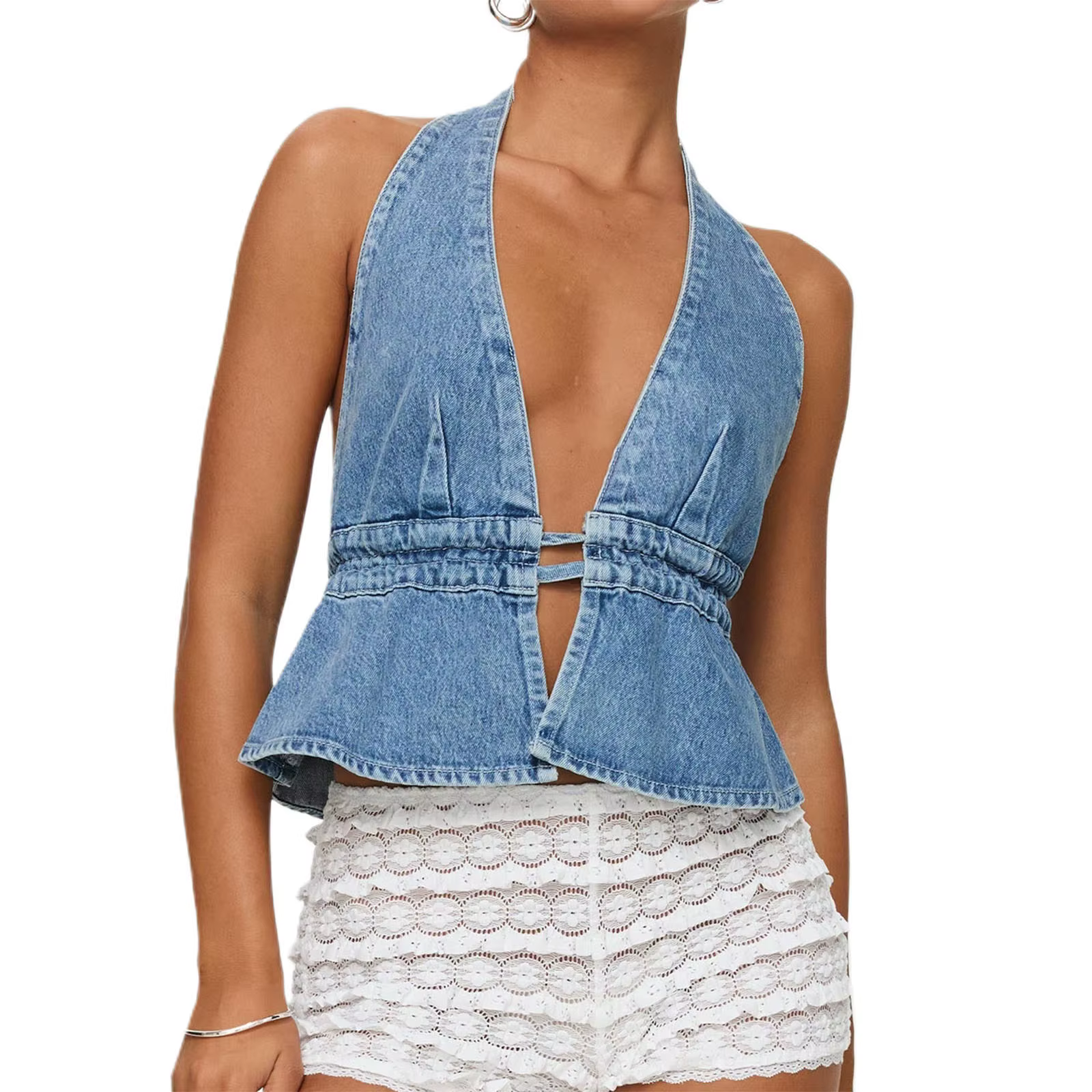 Femmes Denim gilet Sexy licou col en v profond sans manches dos ouvert haut court Jean gilet été mod