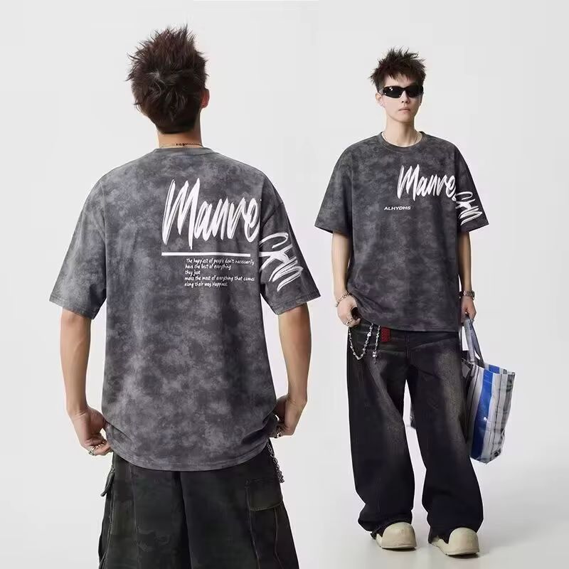 T-shirts Oversize Homme Tie-Dye Imprimé Lettres Vintage Décontractés Style Rétro Streetwear Y2K Mode
