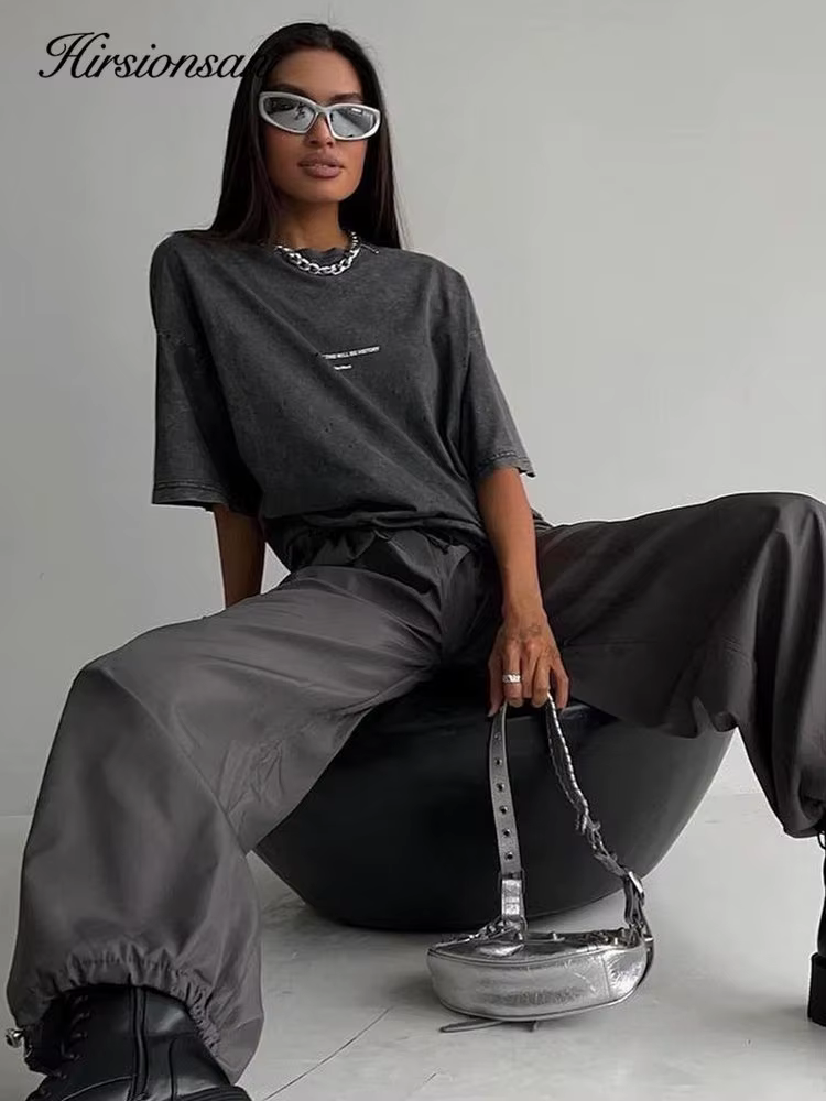 Hirsionsan-T-shirt Délavé à l'Acide pour Femme, Streetwear Imprimé Vintage, Marque de Luxe, Y2k