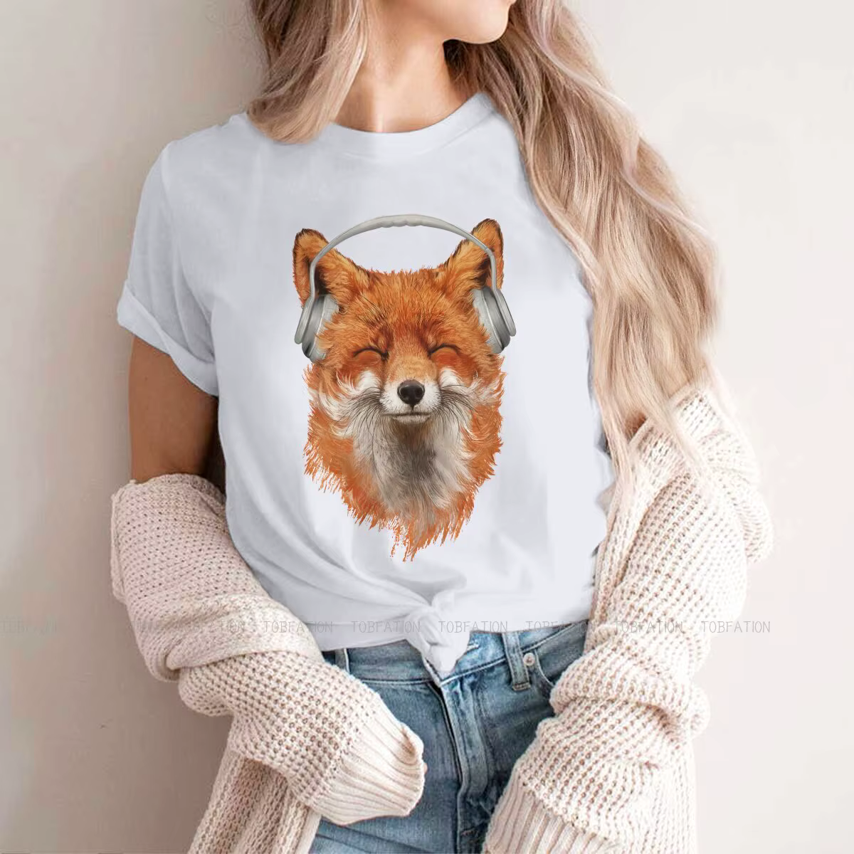 T-shirt femme, estival et humoristique, en coton, 5XL, avec image de renard Musical souriant, pour f
