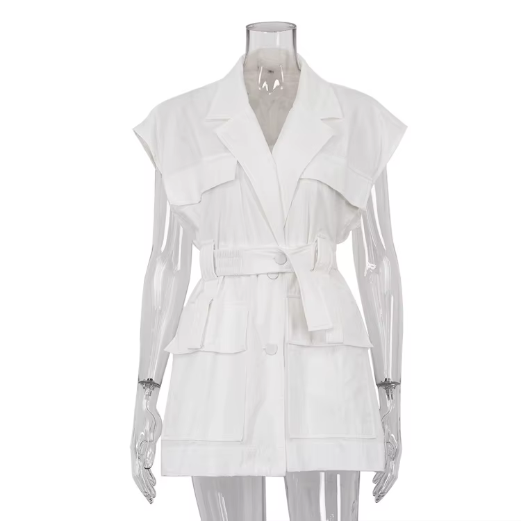 Haut ample sans manches pour femme, style utilitaire, multi-poches, avec ceinture, tendance mode, Ét