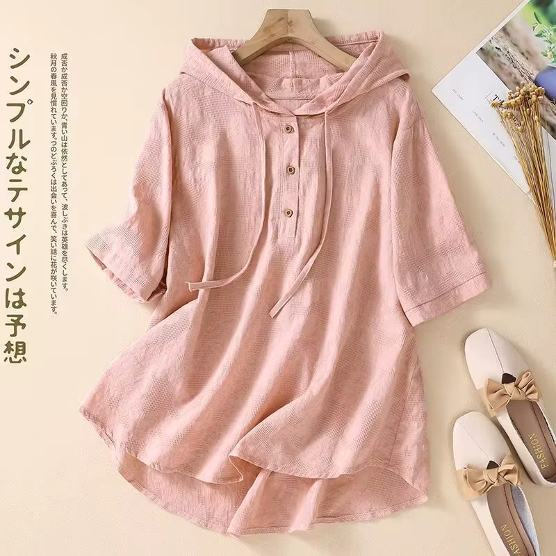 T-shirt à capuche en coton et lin pour femme, haut Jacquard, été