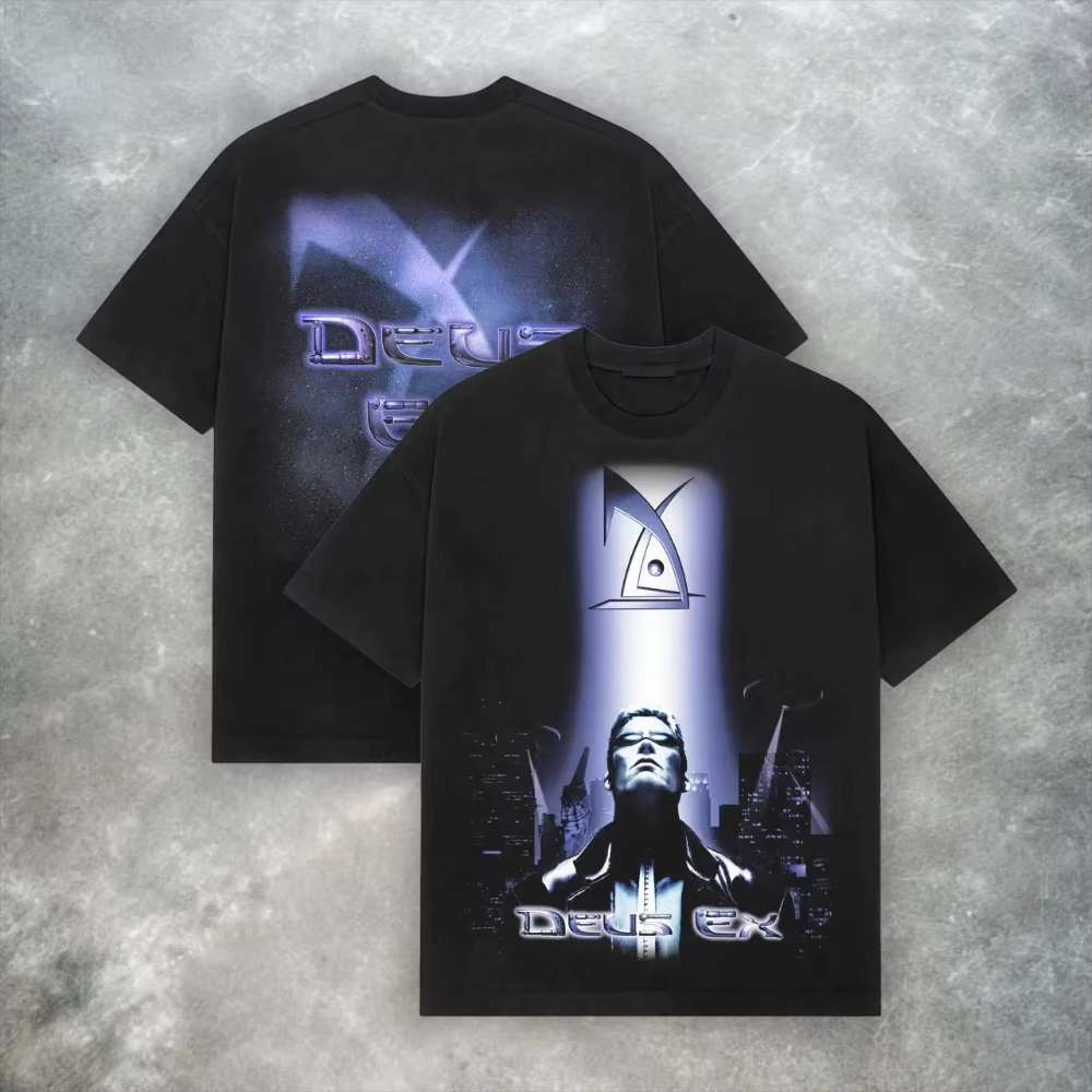 T-shirt Deus Ex Retro – T-shirt en pur coton épais, style Y2K Cyberpunk, jeu de rôle, streetwear pou