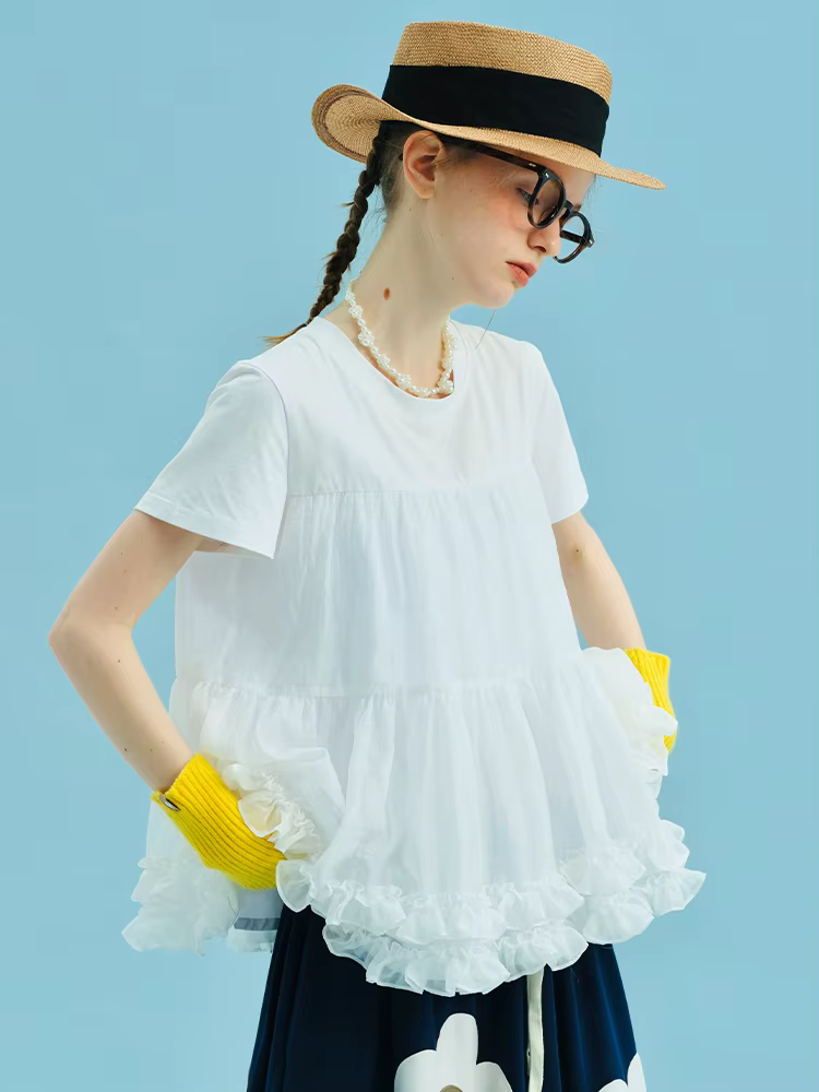 Imakokoni – T-shirt blanc pour femmes, haut en maille avec épissure sur les épaules sur le devant, D