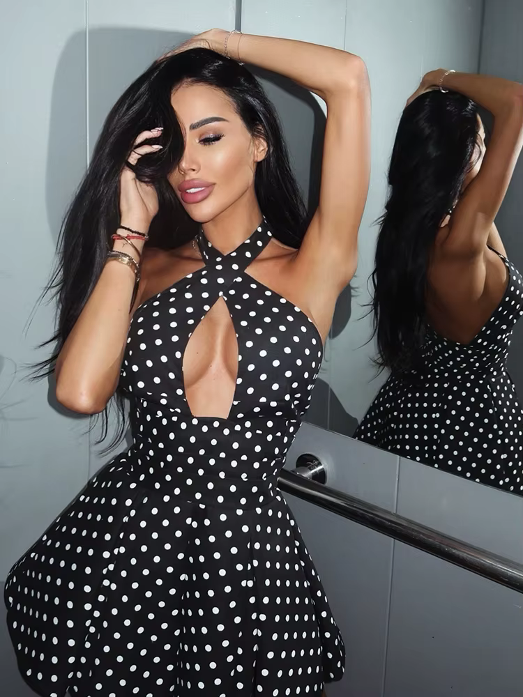 CNYISHE évider dos nu licou à lacets tenues gaine femmes robes a-ligne mode points imprime élégant f