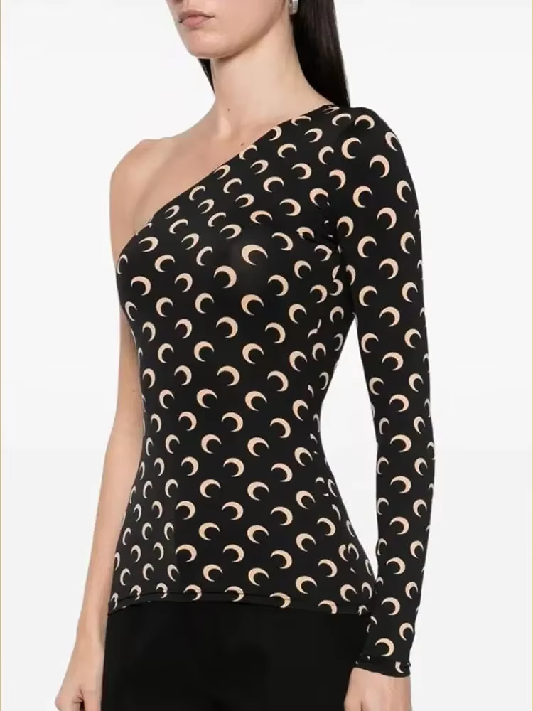 T-shirt coréen ajusté à imprimé lune pour femme, manches longues, style décontracté urbain, en tissu