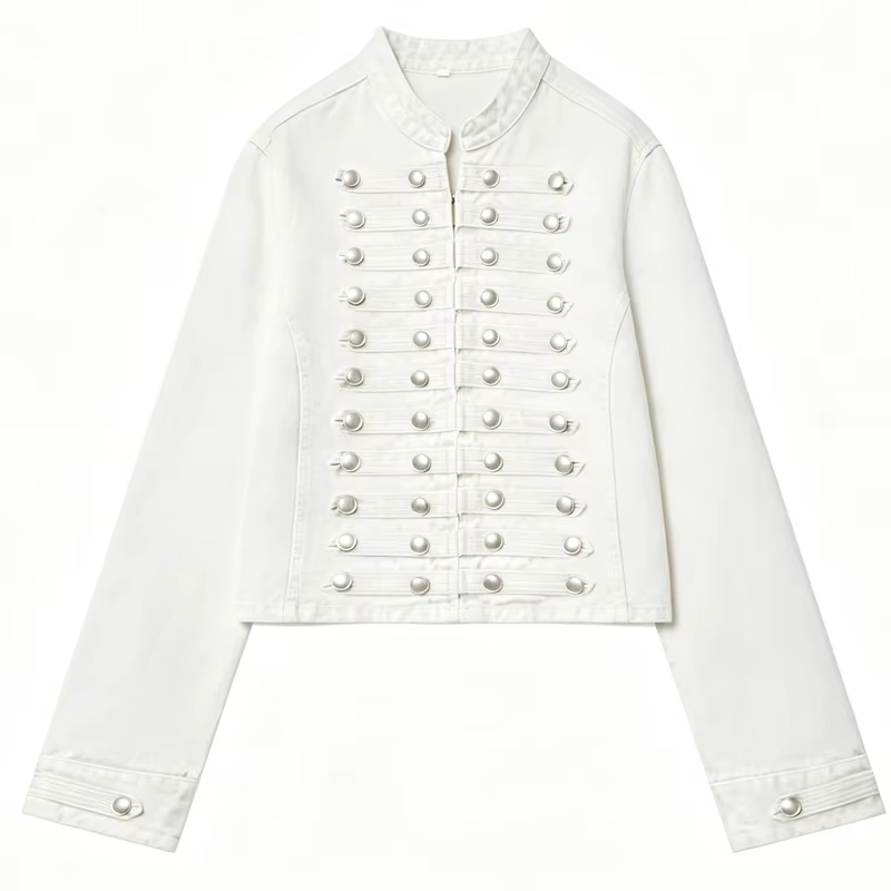 Veste en jean courte pour femme, coupe ajustée, boutonnée, chic, bleue, à manches longues, style str