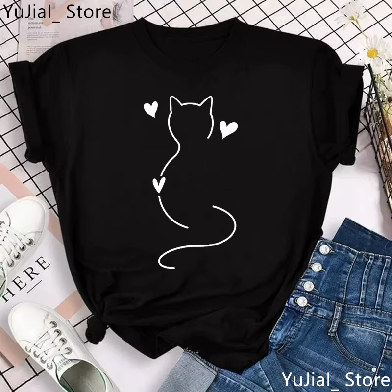 T-shirt manches courtes femme, estival et décontracté, humoristique, avec note de musique, chat noir