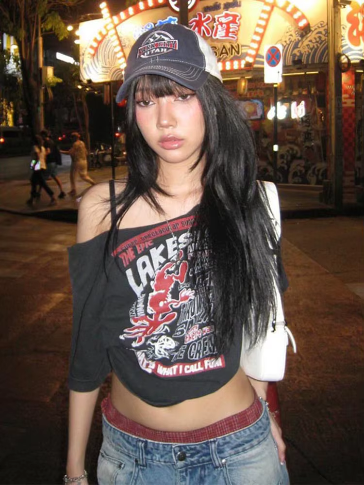 T-shirt gothique Y2K pour femme, imprimé lettre off initiated Punk, Harajuku, Streetwear d'été, Grun
